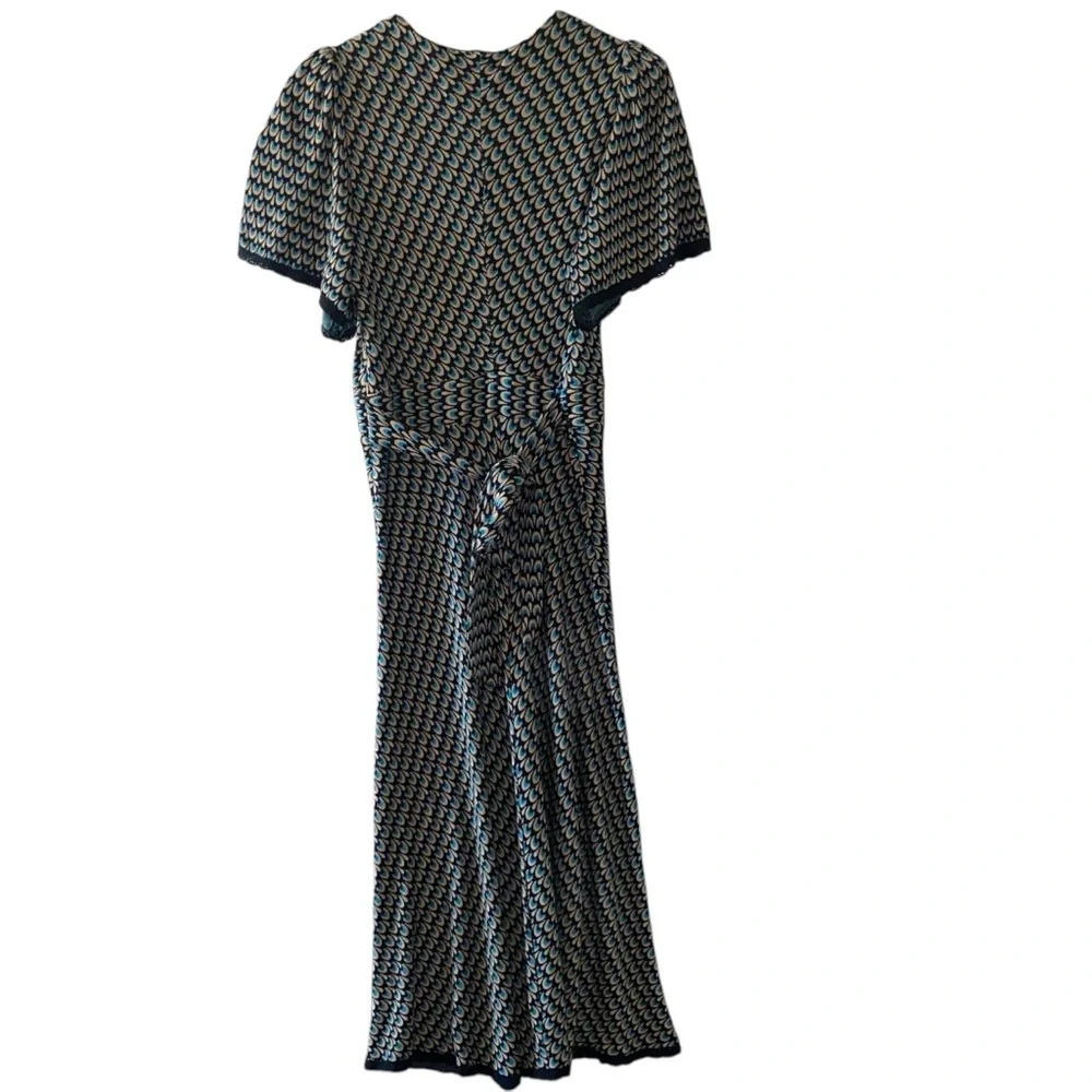 Vintage Betsey Johnson Peacock Feathers Green Blue Geometric A-Line Dress Large - Picture 4 of 7